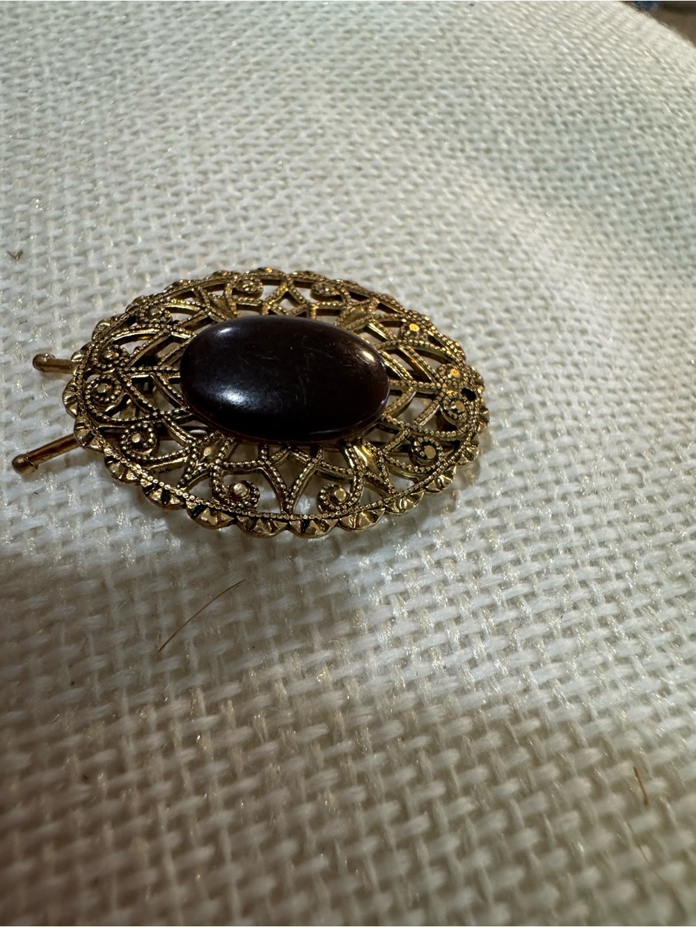 Gold Filigree Hair Barrette with Dark Brown Stone